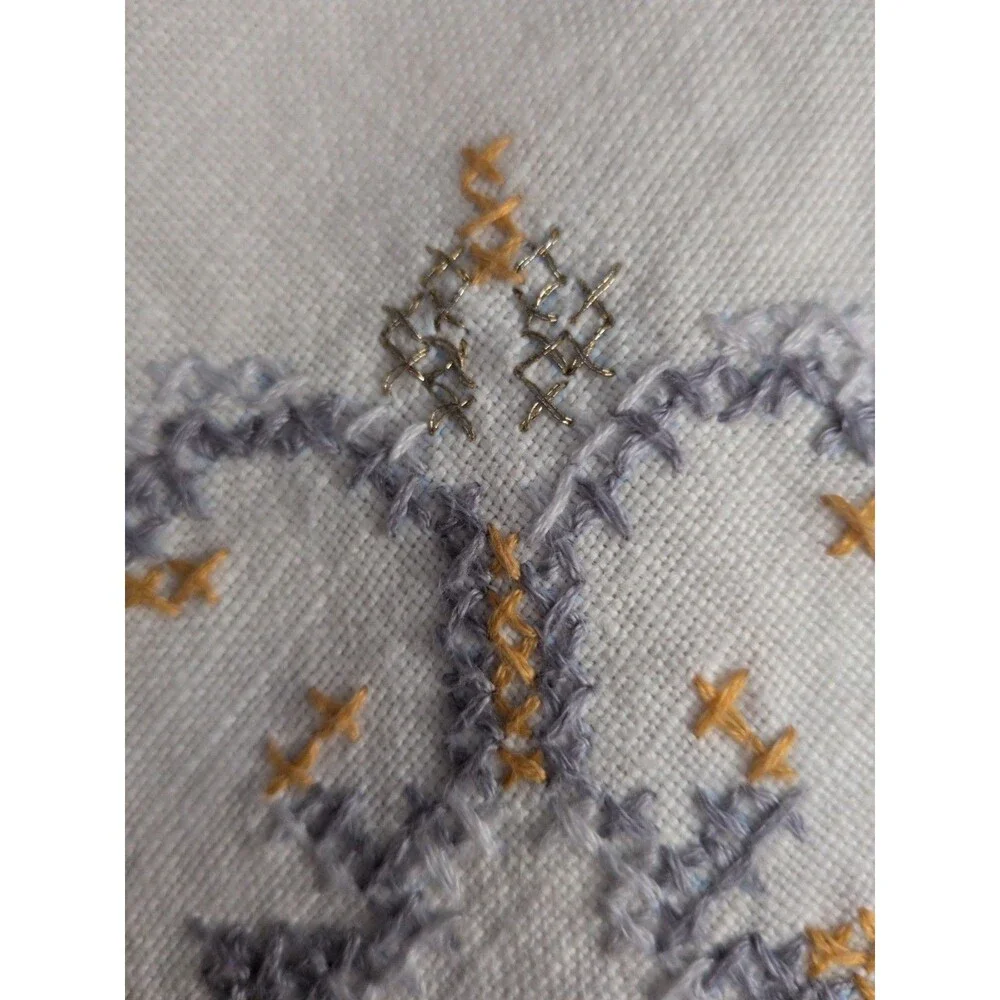 Vintage Linen Dinner Napkins Set Of 4 Cross Stitch Embroidery Blue Gold Metallic